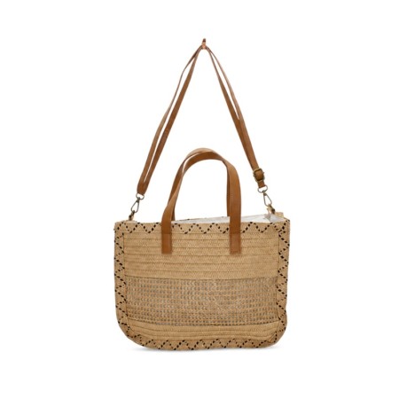 Bolso shopper natural para mujer con detalles camel y bandolera ajustable.