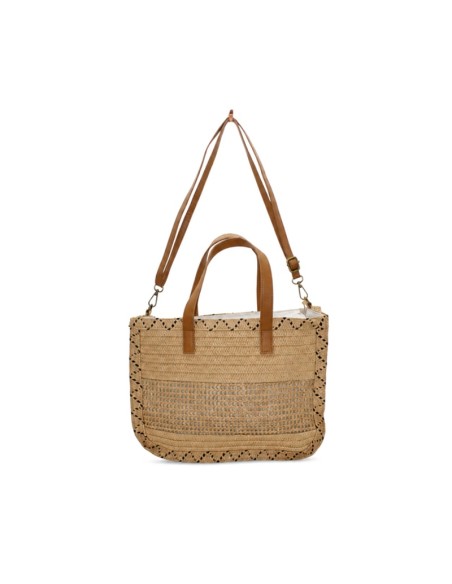 Bolso shopper natural para mujer con detalles camel y bandolera ajustable.