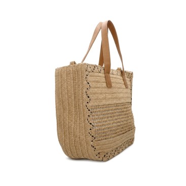 Vista lateral de bolso shopper natural de gran capacidad.