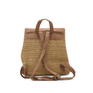 Vista trasera de mochila vintage natural con tirantes ajustables.