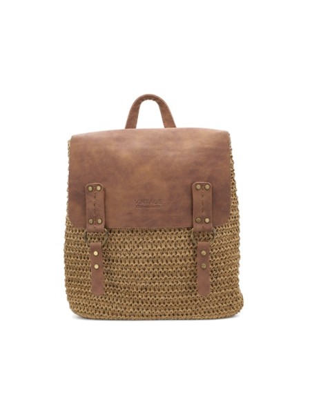 Mochila vintage de rafia natural para mujer con detalles marrones.