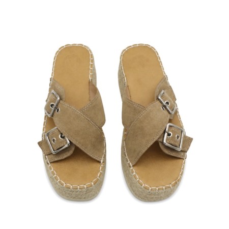 Sandalias de mujer color beige con doble hebilla ajustable y plataforma de esparto