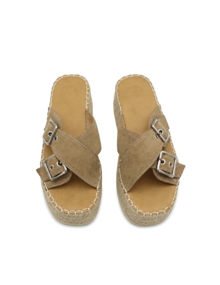 Sandalias de mujer color beige con doble hebilla ajustable y plataforma de esparto