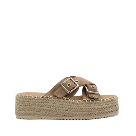 Sandalias de plataforma beige para mujer con doble hebilla y cuña de esparto lateral