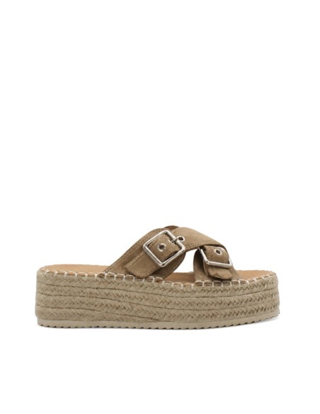 Sandalias de plataforma beige para mujer con doble hebilla y cuña de esparto lateral