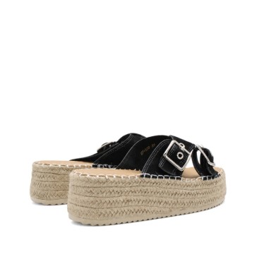 Sandalias negras con cuña cómoda y suela EVA vista trasera.
