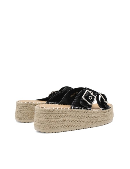 Sandalias negras con cuña cómoda y suela EVA vista trasera.