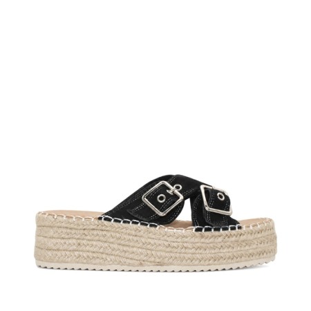 Sandalias negras de plataforma esparto con doble hebilla
