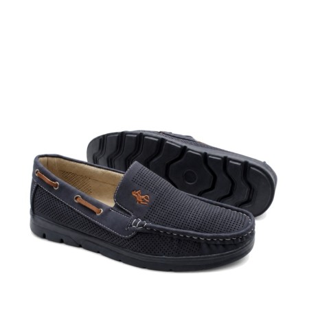 mocasin azul marino hombre con bordado camel