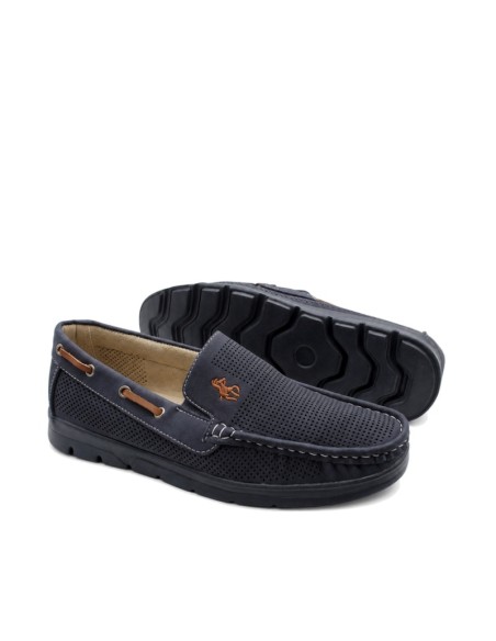 mocasin azul marino hombre con bordado camel