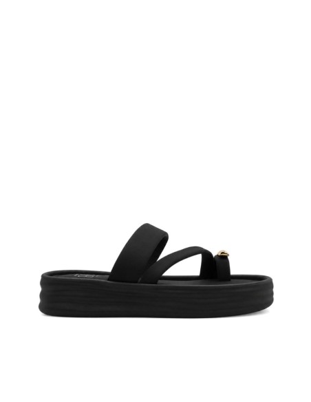 Chanclas negras plataforma mujer con tiras cruzadas y detalle dorado