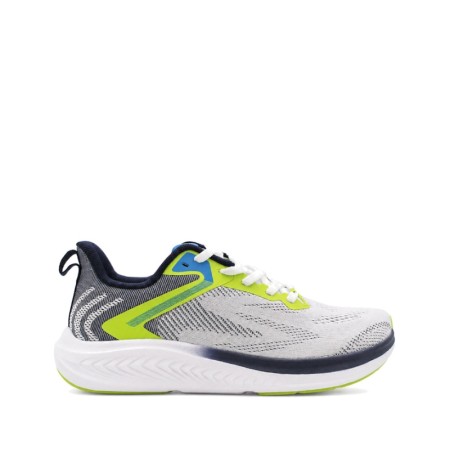 zapatilla hombre horma ancha gris con detalles azul y amarillo lateral