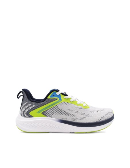 zapatilla hombre horma ancha gris con detalles azul y amarillo lateral