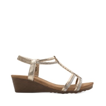 sandalia elegante dorada de cuña para mujer con brillos