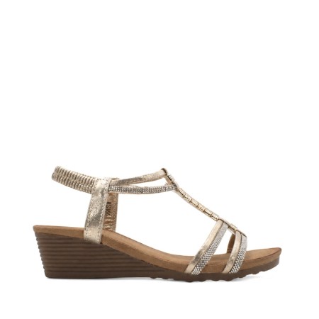 sandalia elegante dorada de cuña para mujer con brillos