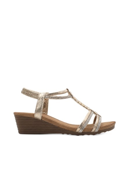 sandalia elegante dorada de cuña para mujer con brillos