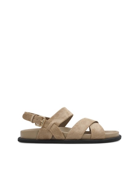 Sandalia tiras beige hombre con hebilla ajustable.