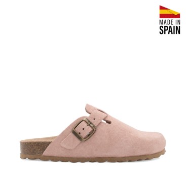 Zueco bio rosa mujer de piel serraje fabricado en España.