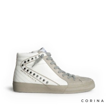 Zapatilla abotinada mujer Corina blanca con tachuelas