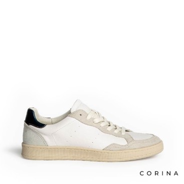 Zapatillas casual mujer Corina blancas con detalles en antelina gris y talón azul metalizado