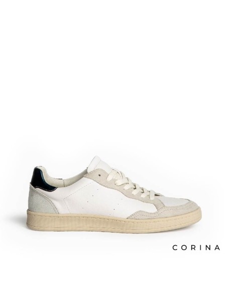 Zapatillas casual mujer Corina blancas con detalles en antelina gris y talón azul metalizado
