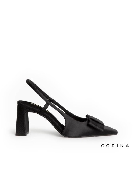 Zapato negro mujer vestir Corina M6255 de raso con lazo delantero