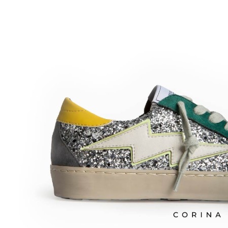 Zapatillas mujer glitter plateado con rayo lateral