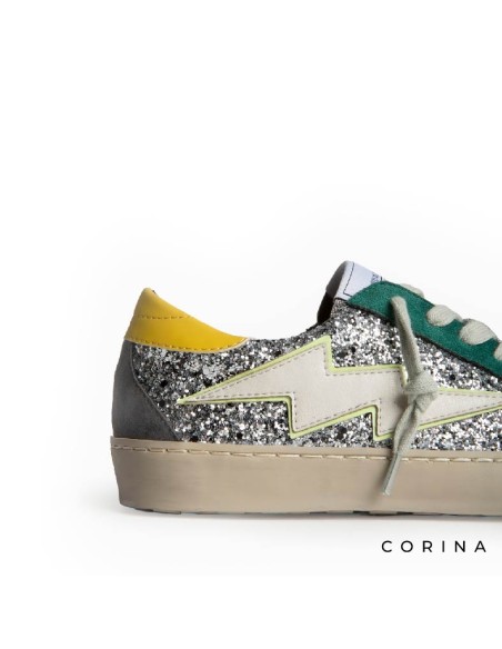 Zapatillas mujer glitter plateado con rayo lateral