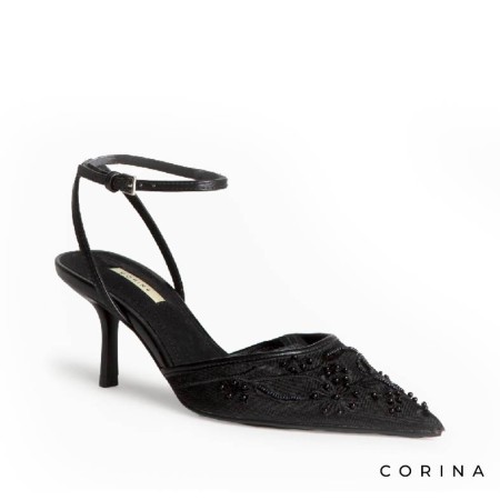 Zapato negro de fiesta con tacón fino y punta afilada
