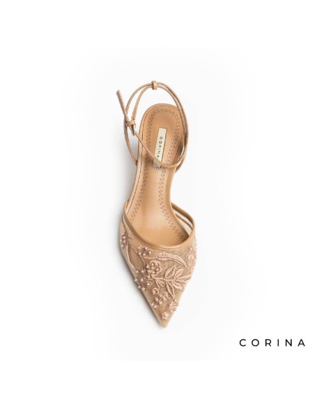 Zapato de vestir arena con flores bordadas