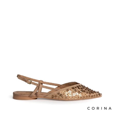 Zapatos planos mujer fiesta arena Corina con flores de lentejuelas