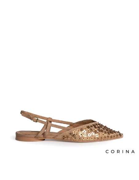 Zapatos planos mujer fiesta arena Corina con flores de lentejuelas