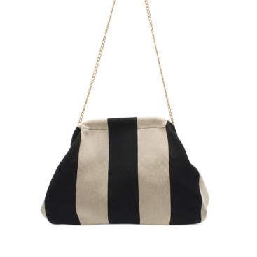 Bolso de mano rayas beige y negro con cadena dorada