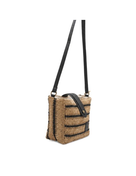 Bolso bandolera natural y negro con interior de tela y bolsillo con cremallera