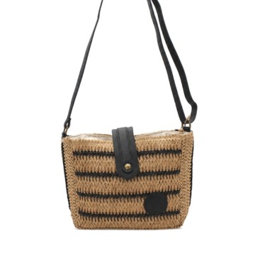 Bolso bandolera tipo rafia natural y negro con rayas y asa regulable