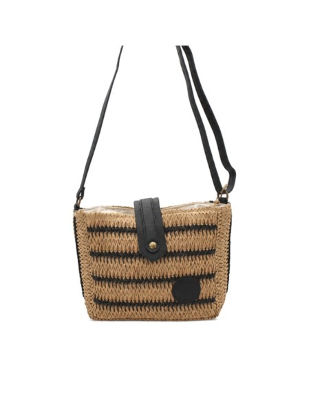 Bolso bandolera tipo rafia natural y negro con rayas y asa regulable
