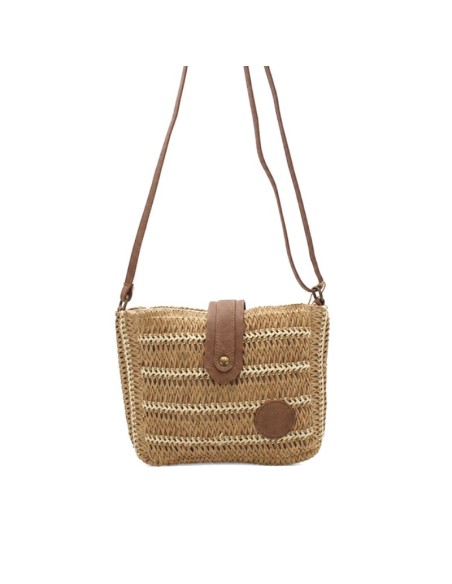 Bolso bandolera tipo rafia natural con detalles camel y asa regulable