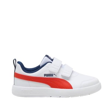 Zapatillas Puma Courtflex V3 V blancas infantiles con franja roja y velcro