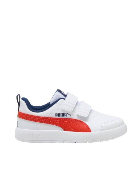 Zapatillas Puma Courtflex V3 V blancas infantiles con franja roja y velcro