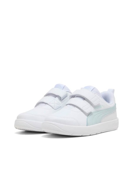 Zapatillas Puma Courtflex blancas y aguamarina vistas desde arriba