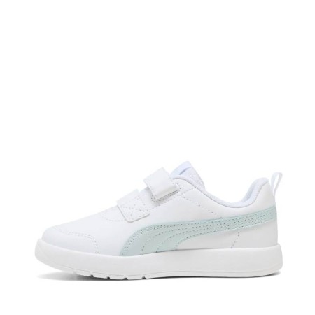 Zapatilla Puma Courtflex infantil blanca con franja aguamarina lateral
