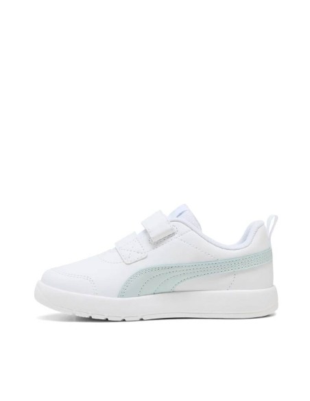 Zapatilla Puma Courtflex infantil blanca con franja aguamarina lateral