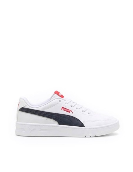 Zapatillas Puma Court Classic Clean JR blancas con franja azul marino y lengüeta roja