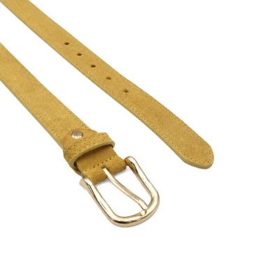 Cinturón amarillo de serraje para mujer con cierre ajustable y hebilla metálica dorada