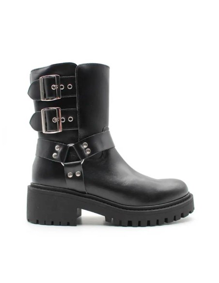 Botín motero negro de piel para mujer con hebillas