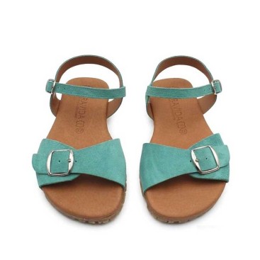 sandalias barefoot mujer turquesa serraje hebilla empeine vista superior