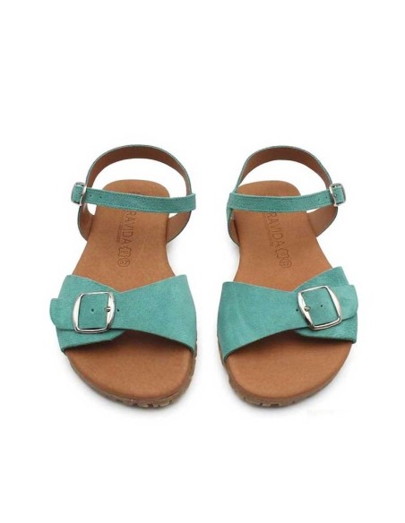 sandalias barefoot mujer turquesa serraje hebilla empeine vista superior