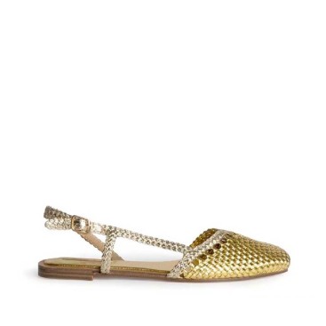 zapato plano dorado mujer trenzado con hebilla lateral