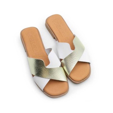 sandalias piel planas mujer blancas y doradas