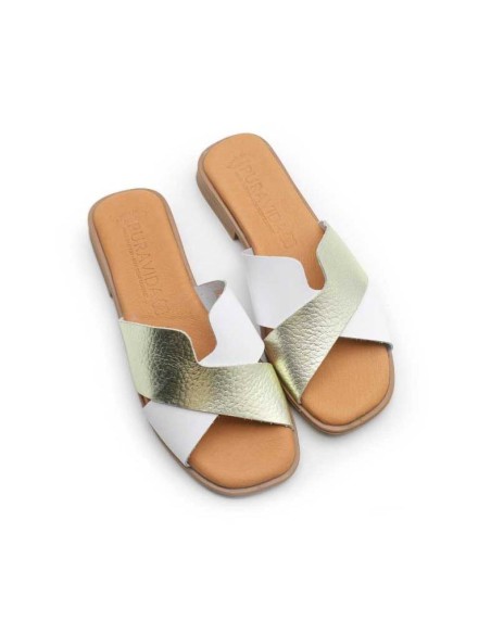 sandalias piel planas mujer blancas y doradas